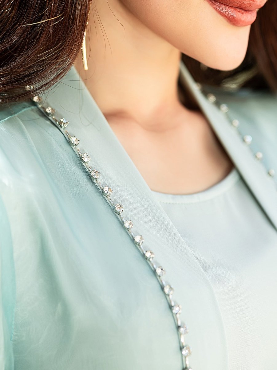 Mint Green Two-Piece Cardigan Dress Diamond-Embellished Cover-Up & Maxi Dress (MOA151)
