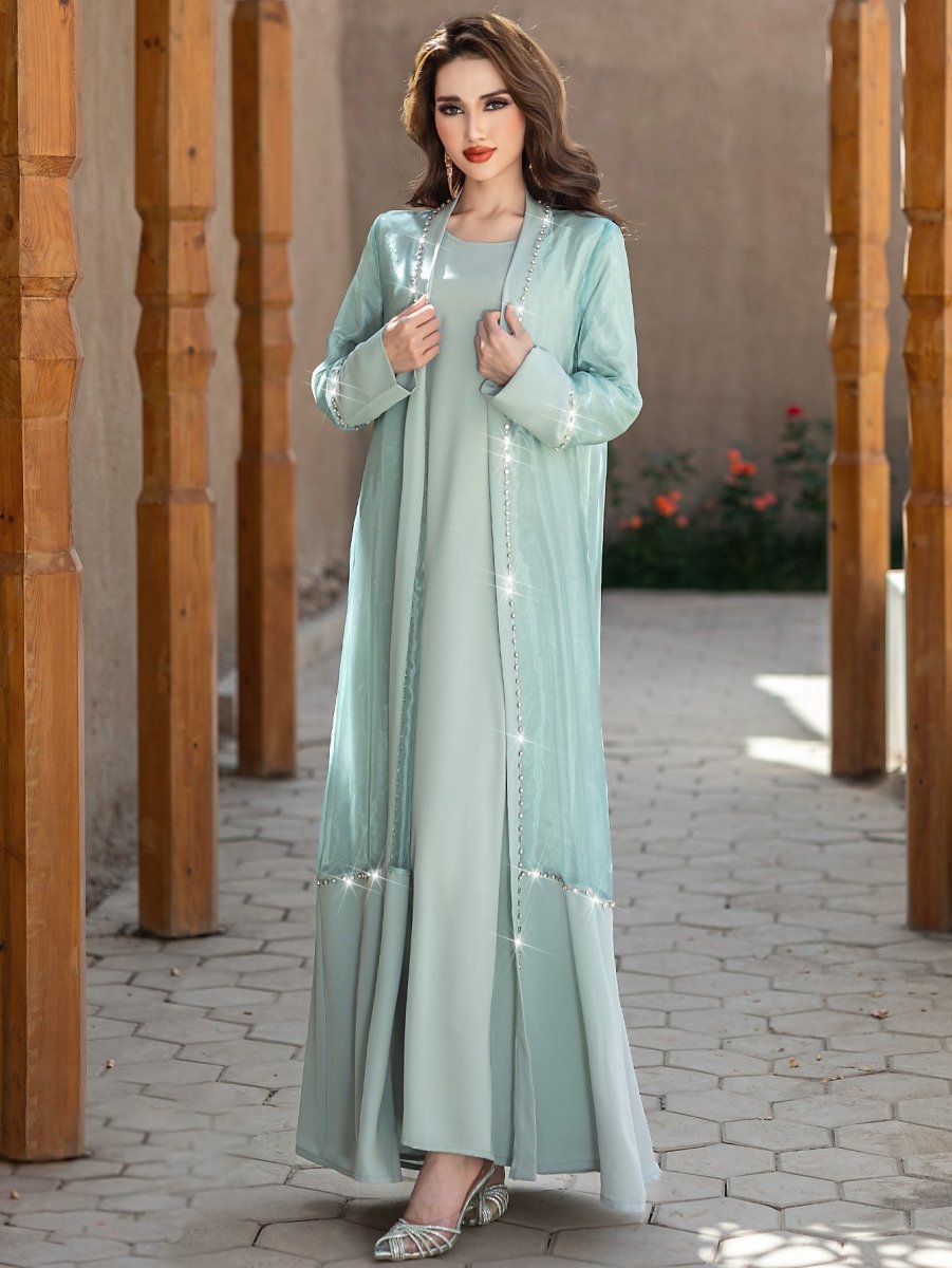 Mint Green Two-Piece Cardigan Dress Diamond-Embellished Cover-Up & Maxi Dress (MOA151)