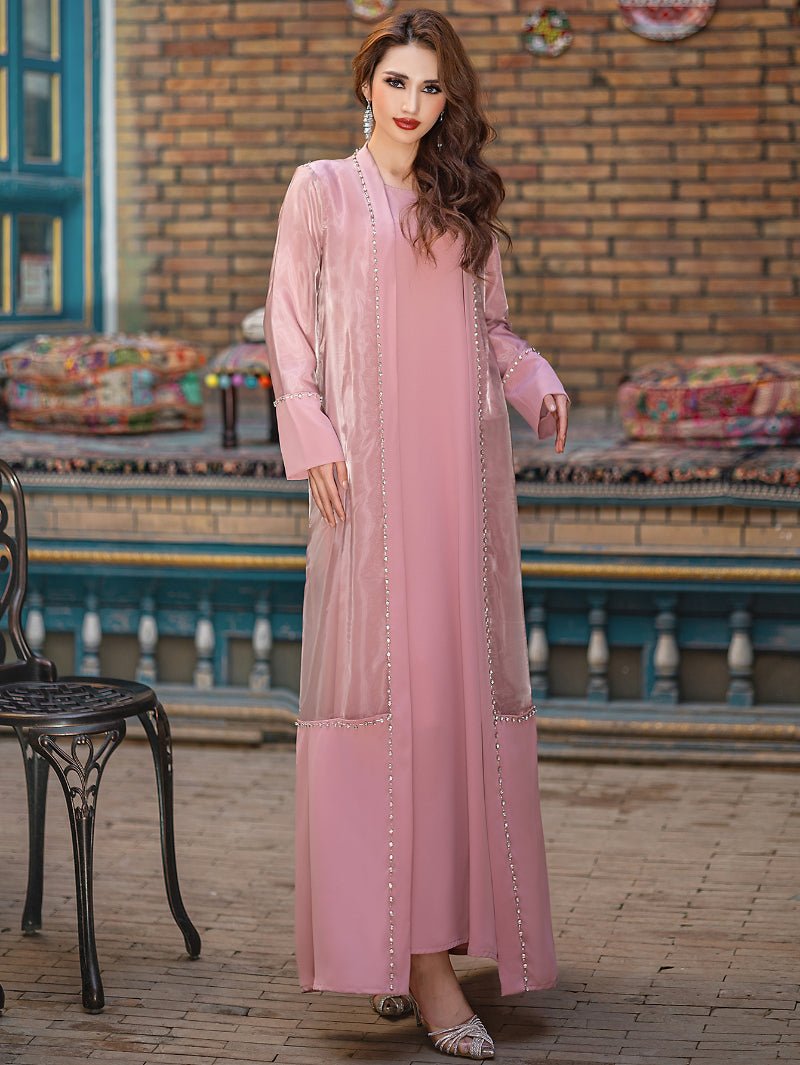 Mint Green Two-Piece Cardigan Dress Diamond-Embellished Cover-Up & Maxi Dress (MOA151)