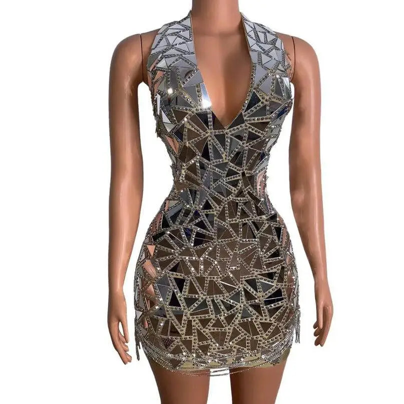 Mirrored Rhinestone Stage Nightclub DJ Female Dress