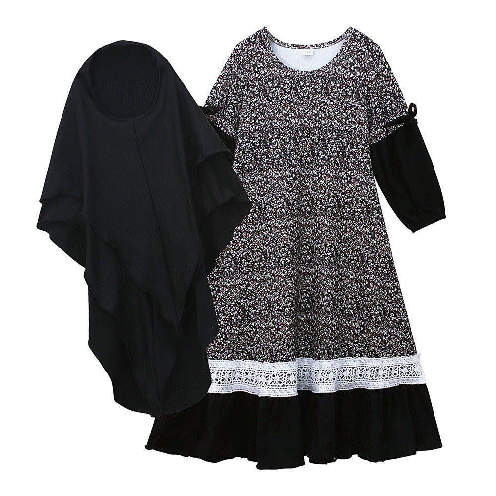 Girls Patchwork Floral Kid Abaya 2-Piece Set(MKG012)