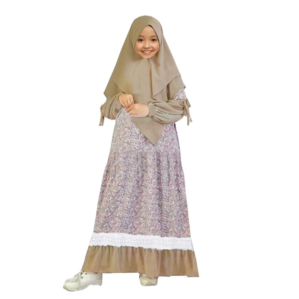 Girls Patchwork Floral Kid Abaya 2-Piece Set(MKG012)