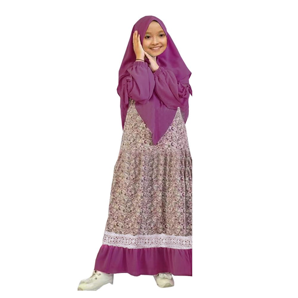 Girls Patchwork Floral Kid Abaya 2-Piece Set(MKG012)