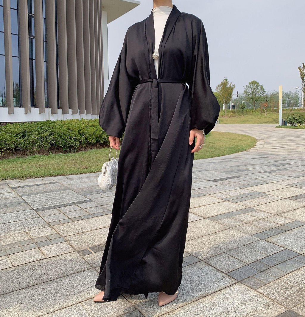 Satin Bunched Sleeve Open Abaya (MOA048)