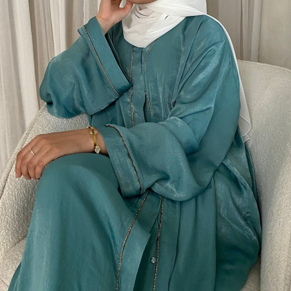 Solid Colour Trimmed Abaya Cardigan 2-Piece Set (MOA055)