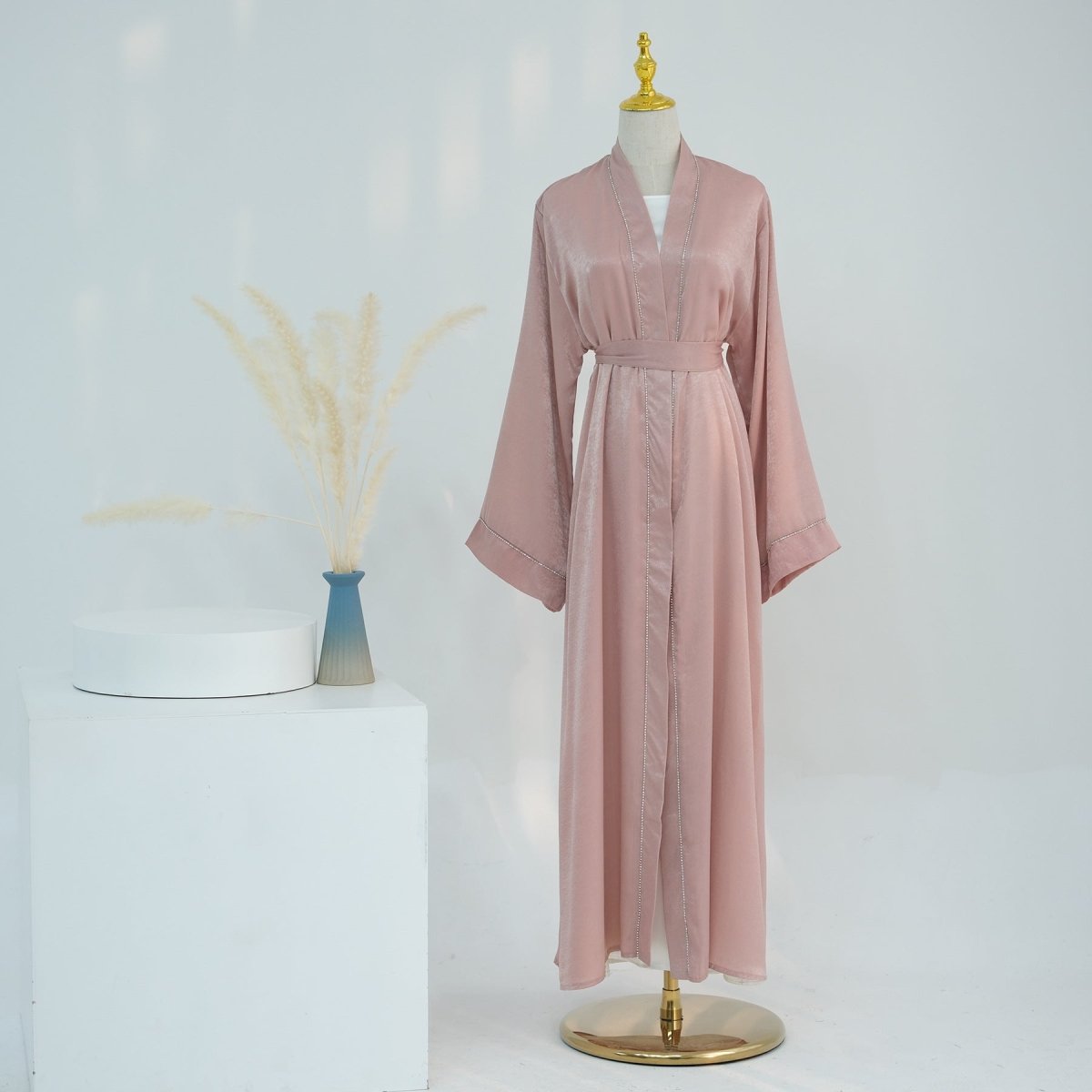 Solid Colour Trimmed Abaya Cardigan 2-Piece Set (MOA055)