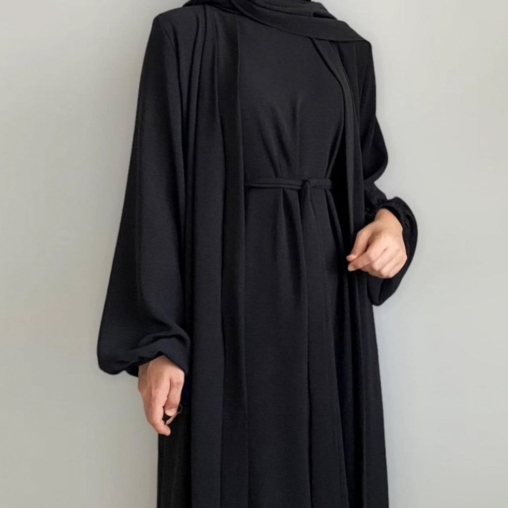 Solid Color Elegant Open Abaya with Pockets | 3-Piece Set Open Abaya (MOA092)