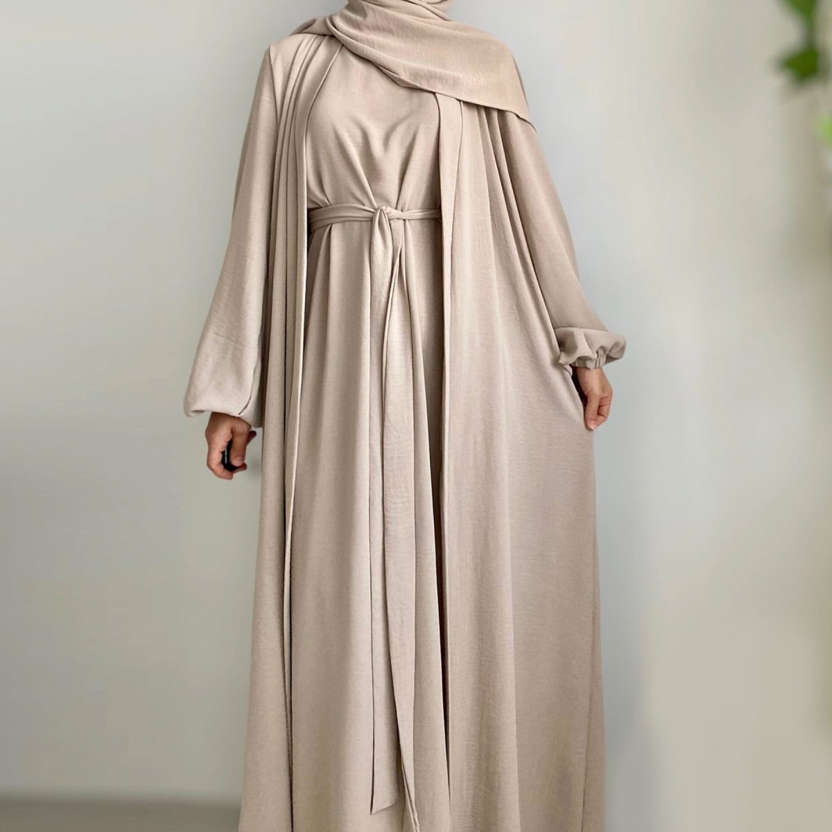 Solid Color Elegant Open Abaya with Pockets | 3-Piece Set Open Abaya (MOA092)