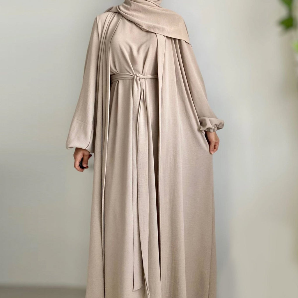 Solid Color Elegant Open Abaya with Pockets | 3-Piece Set Open Abaya (MOA092)