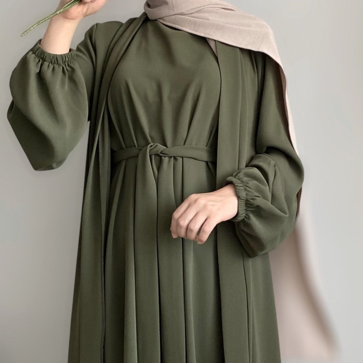 Solid Color Elegant Open Abaya with Pockets | 3-Piece Set Open Abaya (MOA092)