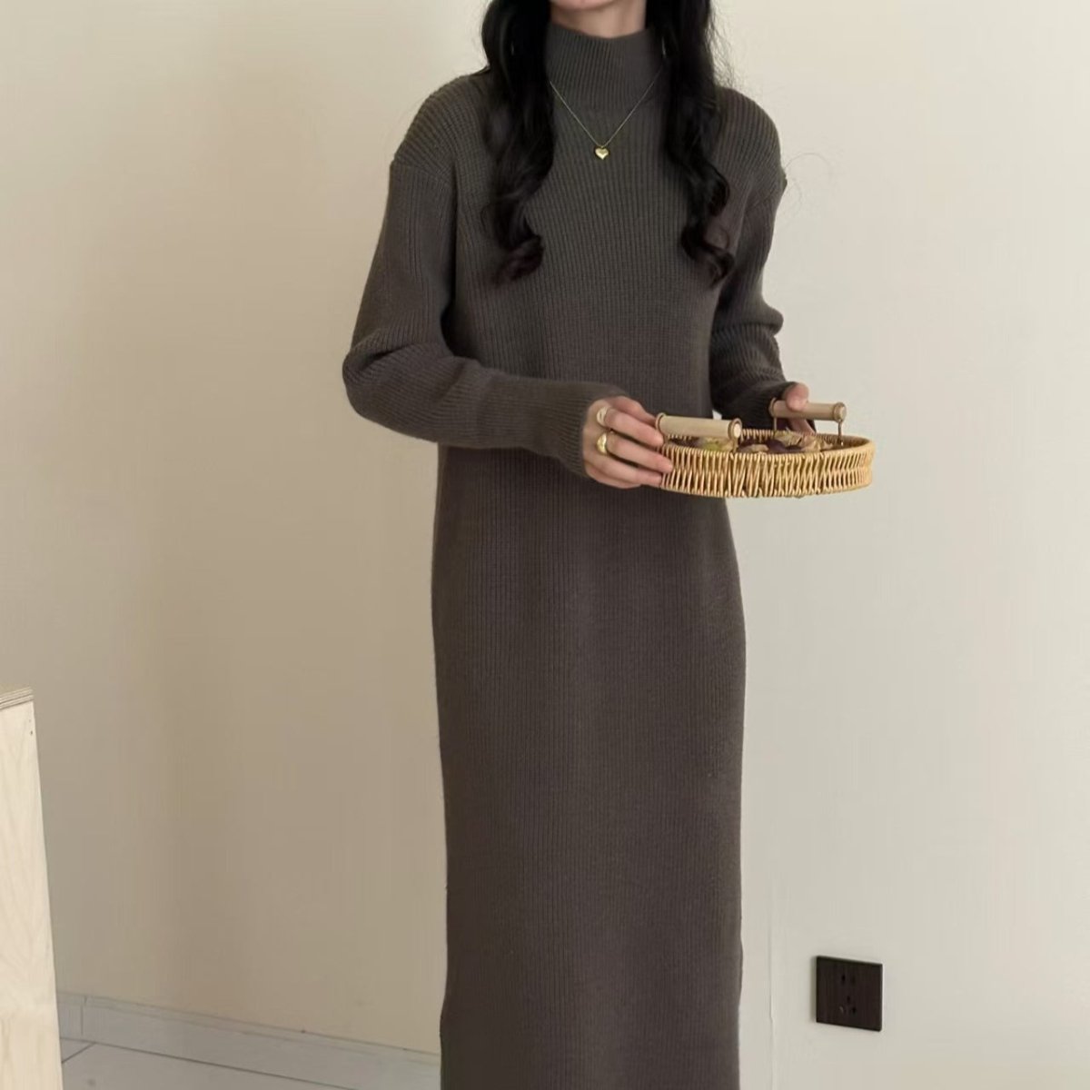 Mock Neck Ribbed Knit Maxi Dress(MS158)