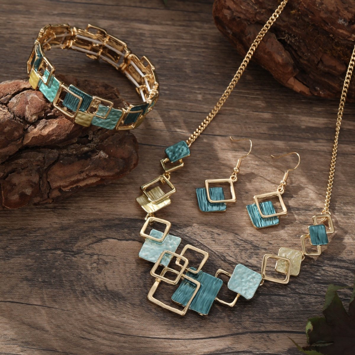 Modernist Geometric Square Earrings Bracelet Necklace Set (MAC318)