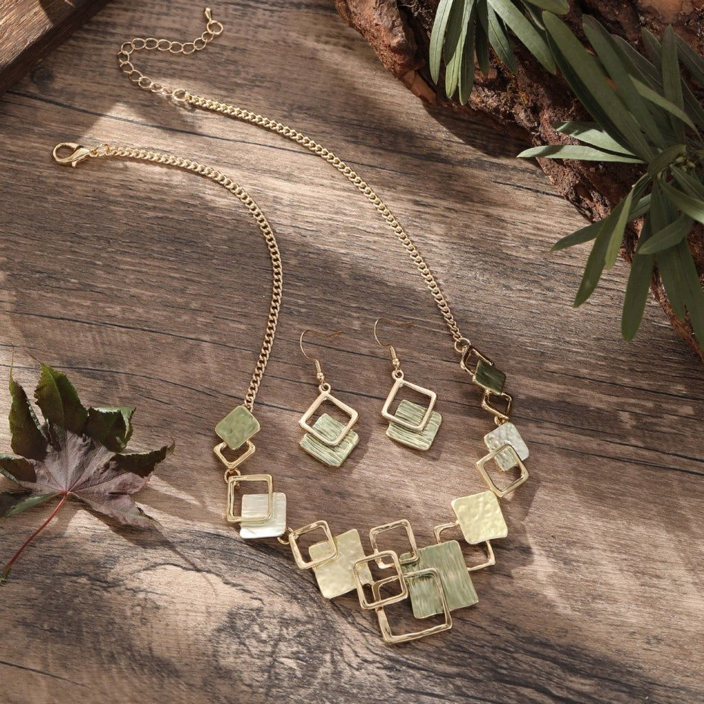 Modernist Geometric Square Earrings Bracelet Necklace Set (MAC318)