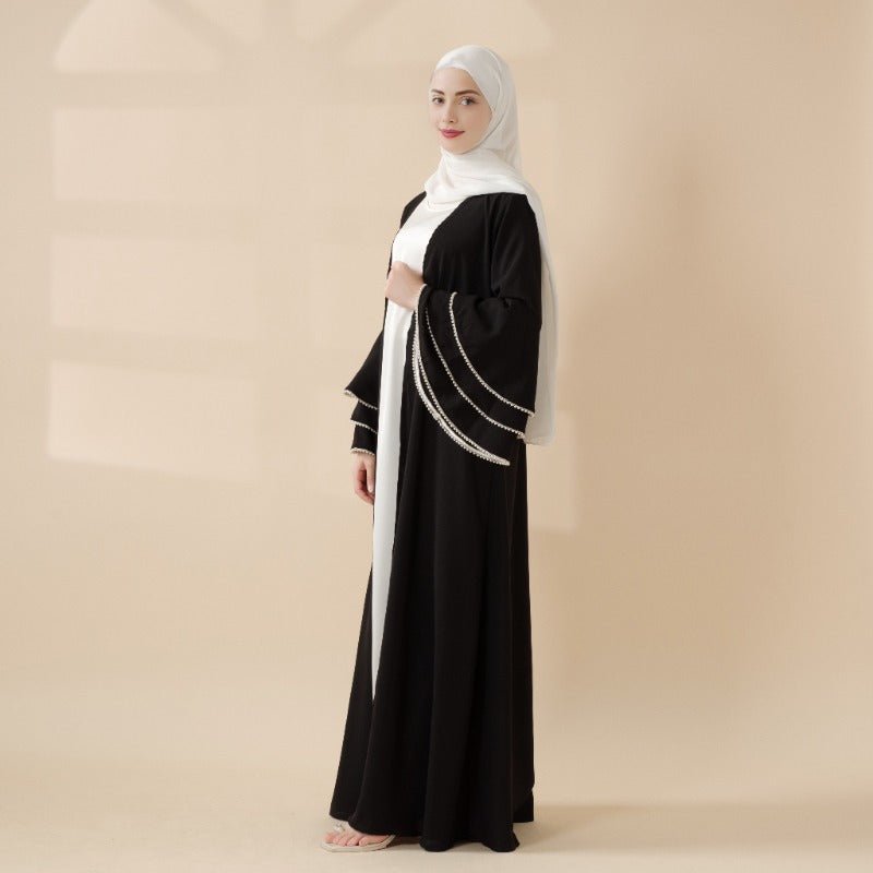 Modest Cardigan Black Robe Beaded Cuff Abaya with Layered Sleeves Elegant Design(MOA136)
