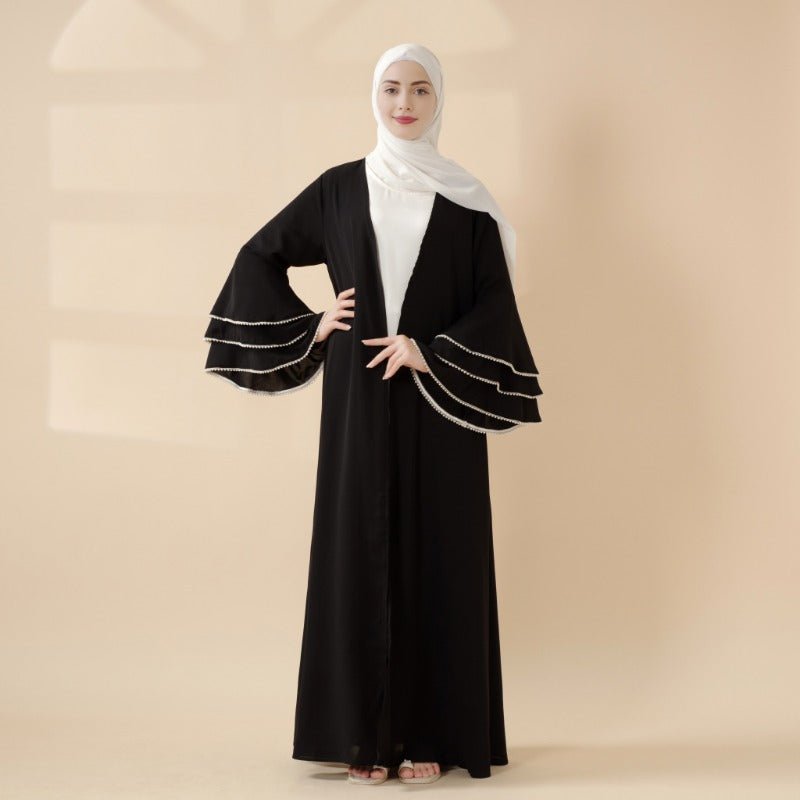 Modest Cardigan Black Robe Beaded Cuff Abaya with Layered Sleeves Elegant Design(MOA136)