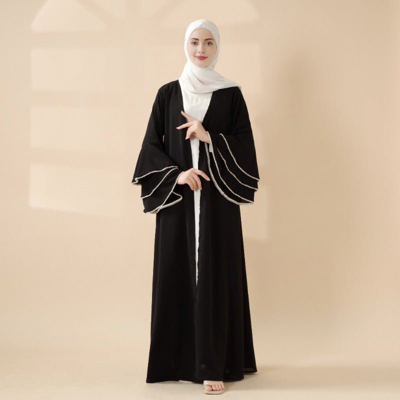 Modest Cardigan Black Robe Beaded Cuff Abaya with Layered Sleeves Elegant Design(MOA136)