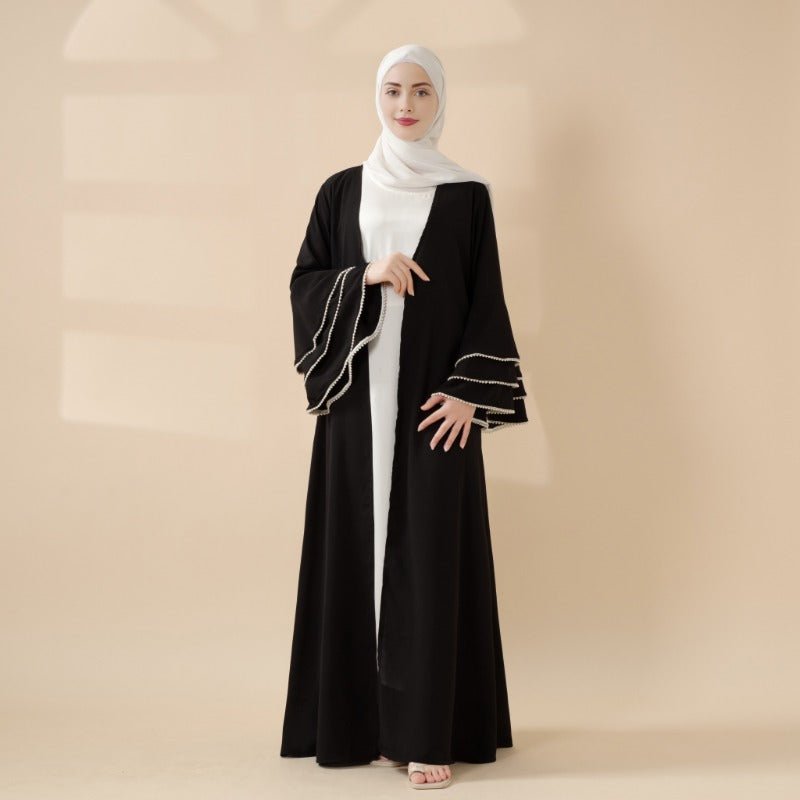 Modest Cardigan Black Robe Beaded Cuff Abaya with Layered Sleeves Elegant Design(MOA136)