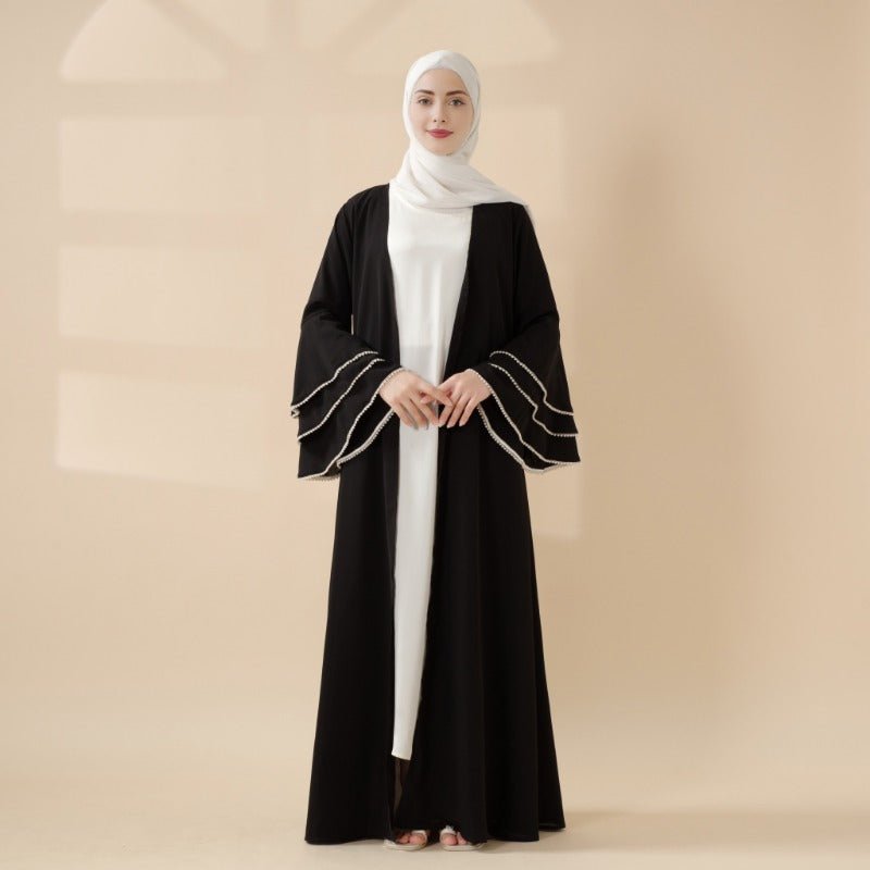 Modest Cardigan Black Robe Beaded Cuff Abaya with Layered Sleeves Elegant Design(MOA136)