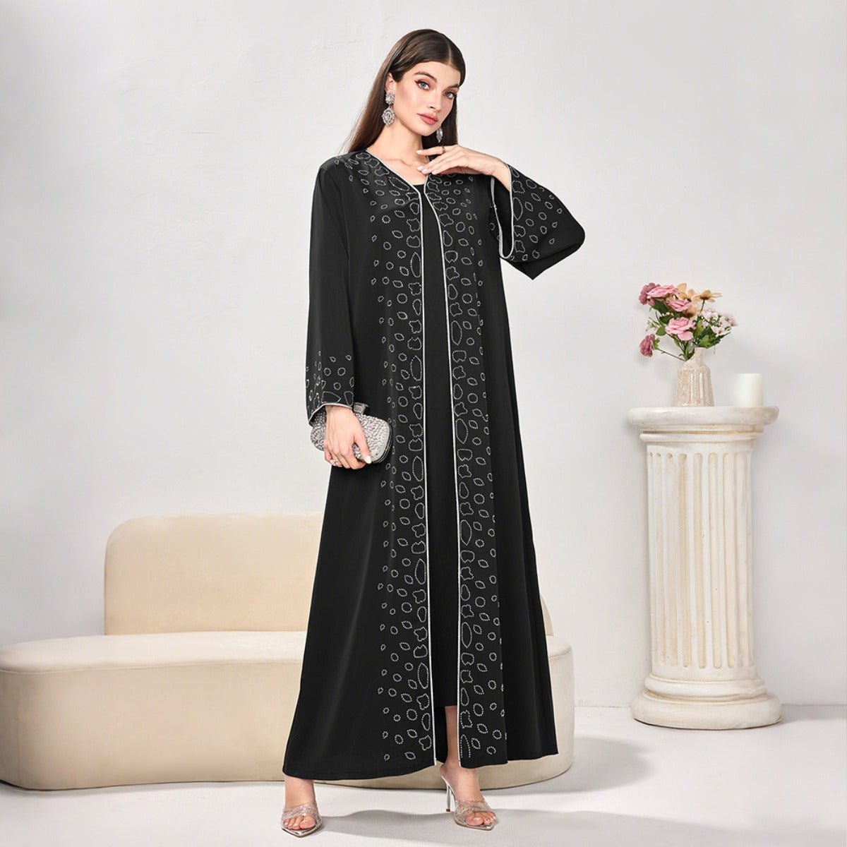 Modest Casual Black Diamond Embellished Loose Dress Abaya (MOA207)
