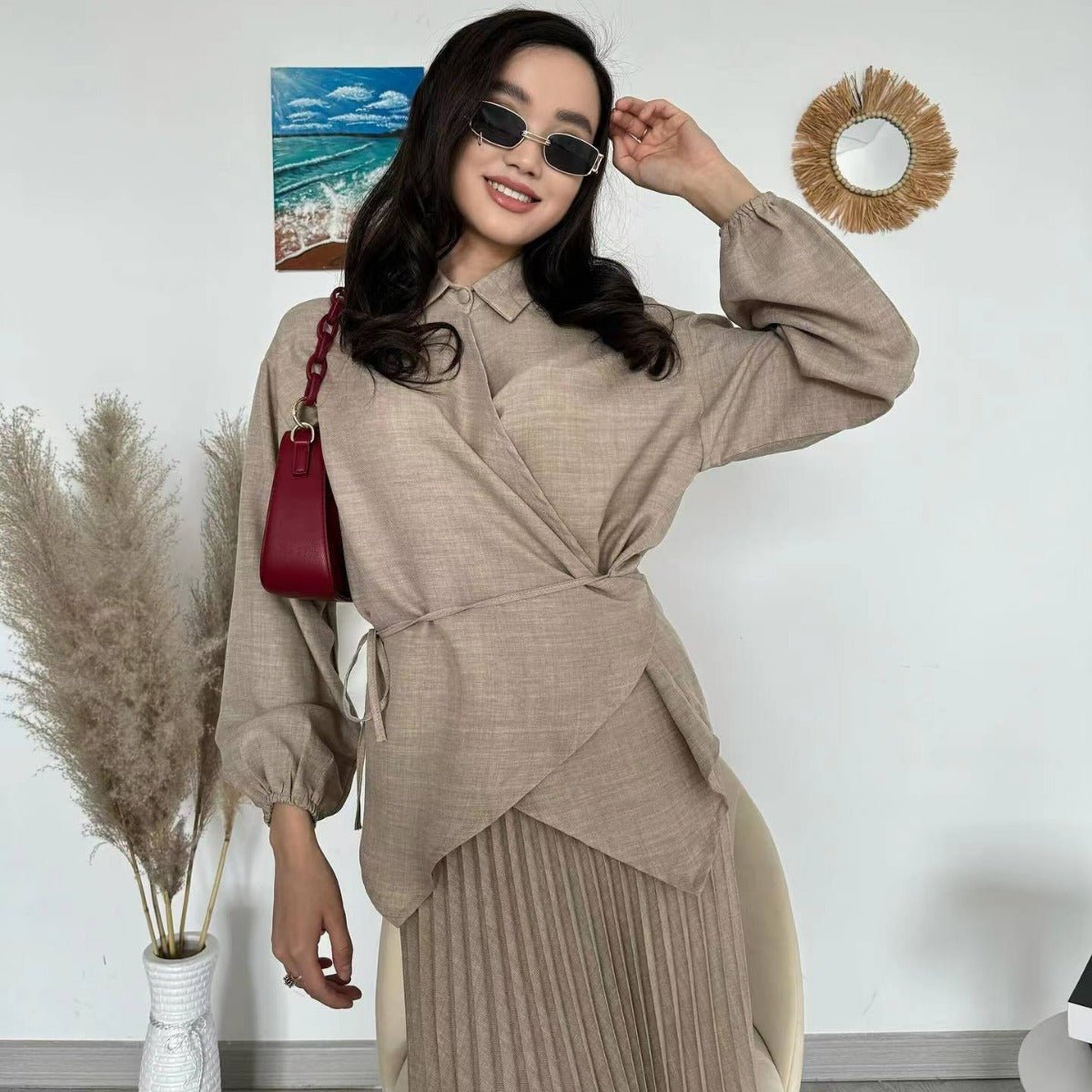 Modest Cross-Wrap Top with Matching Maxi Skirt Pleated Skirt Suit Set (MS092)