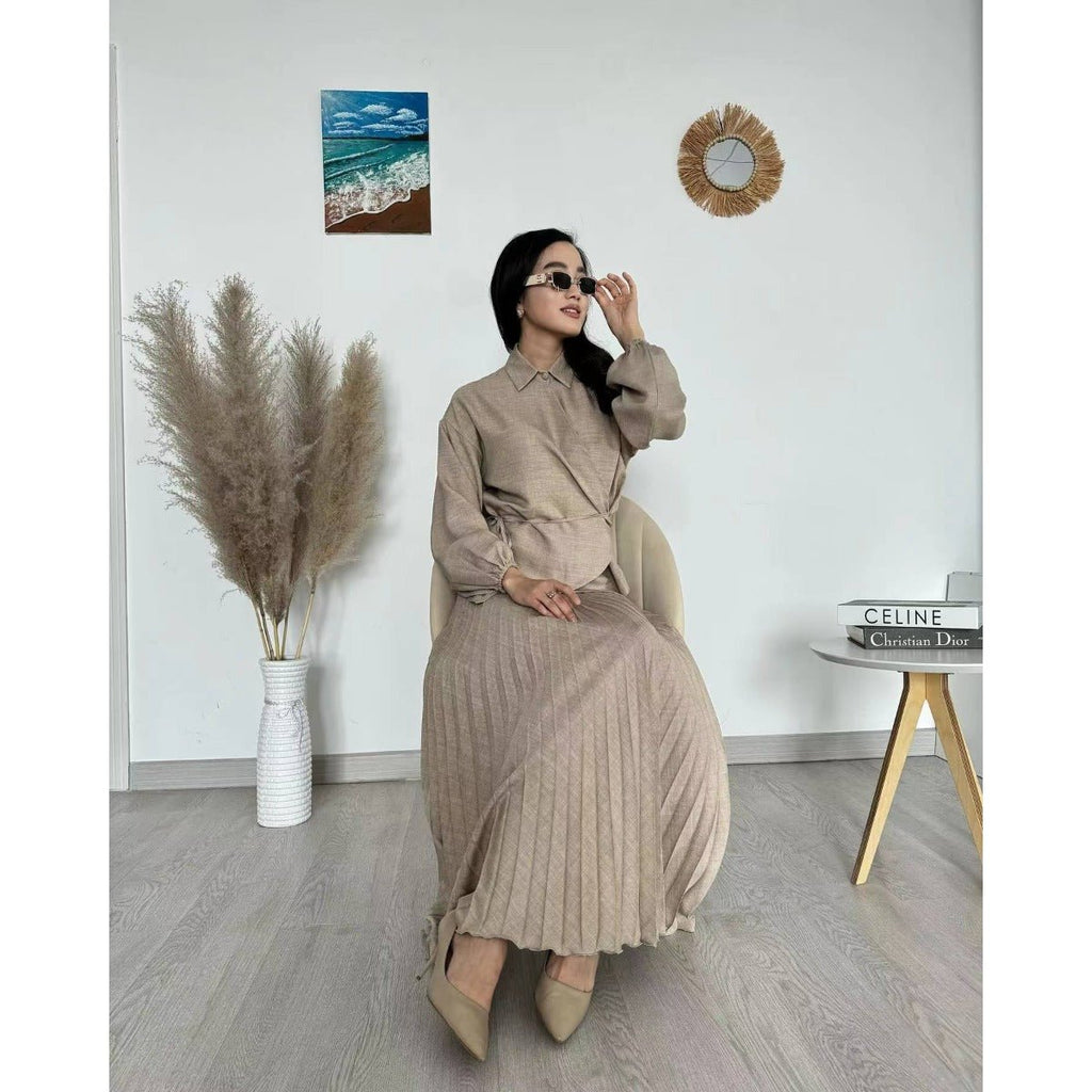 Modest Cross-Wrap Top with Matching Maxi Skirt Pleated Skirt Suit Set (MS092)