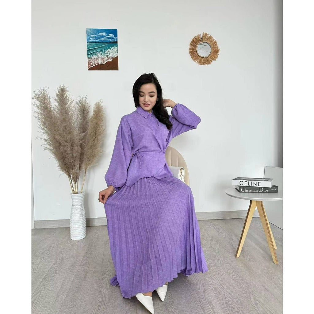 Modest Cross-Wrap Top with Matching Maxi Skirt Pleated Skirt Suit Set (MS092)