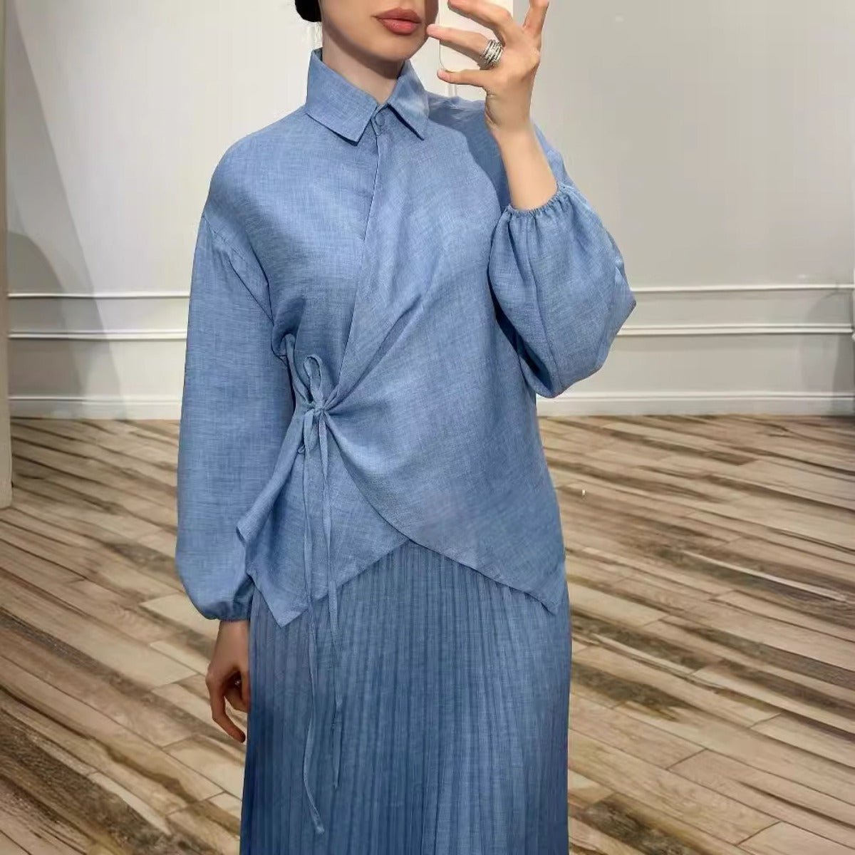 Modest Cross-Wrap Top with Matching Maxi Skirt Pleated Skirt Suit Set (MS092)