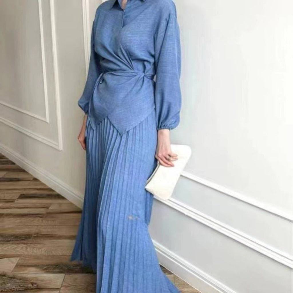 Modest Cross-Wrap Top with Matching Maxi Skirt Pleated Skirt Suit Set (MS092)
