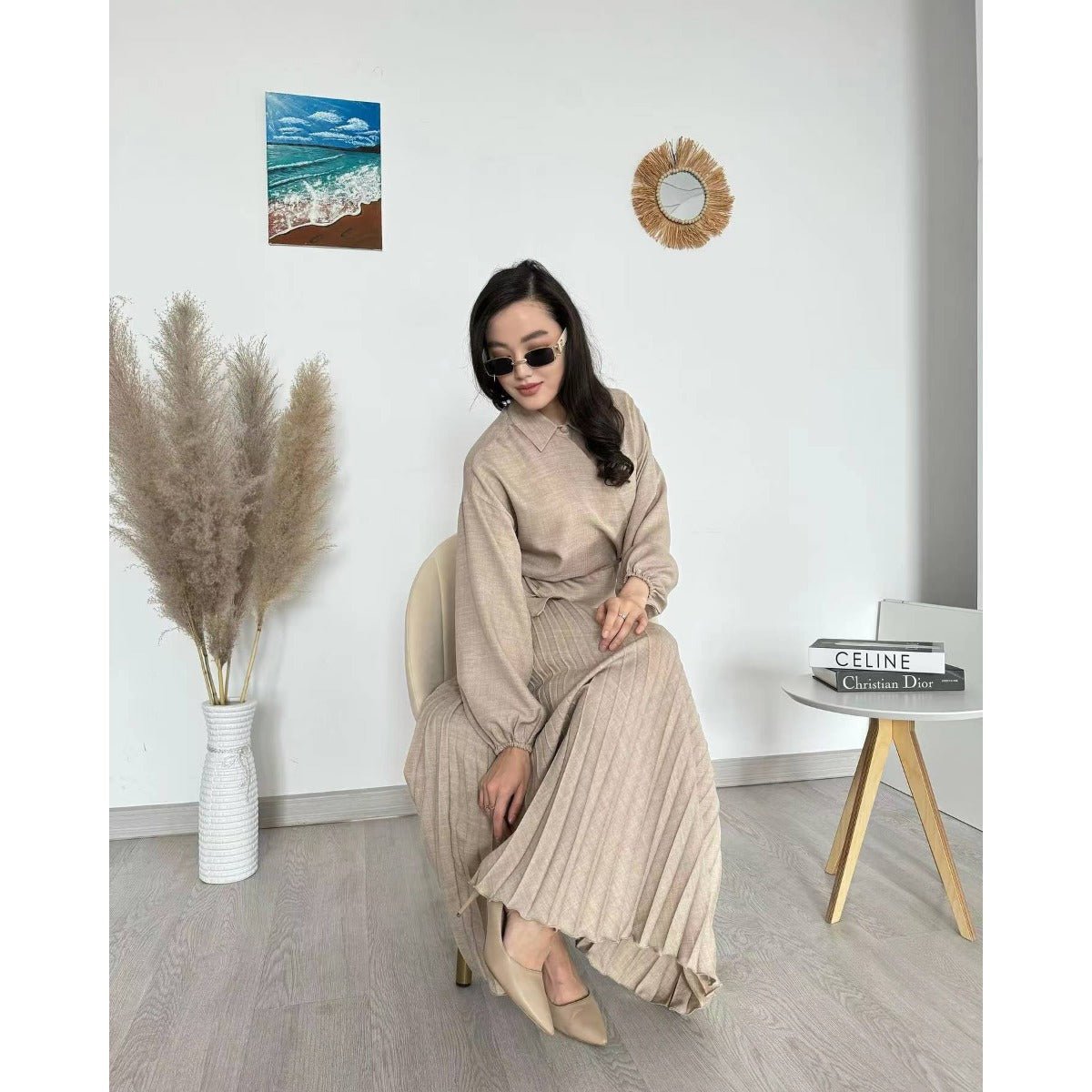 Modest Cross-Wrap Top with Matching Maxi Skirt Pleated Skirt Suit Set (MS092)