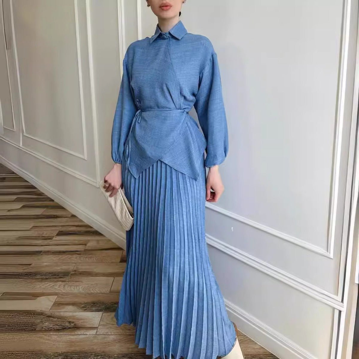 Modest Cross-Wrap Top with Matching Maxi Skirt Pleated Skirt Suit Set (MS092)