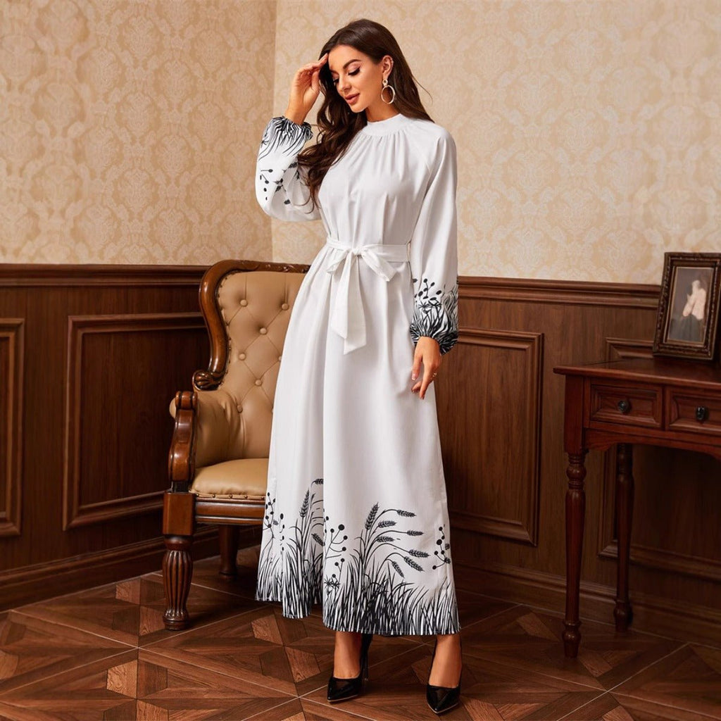 Modest Elegant Botanical Print Maxi Dress | White Crew Neck Long Sleeve Dress(MA267)