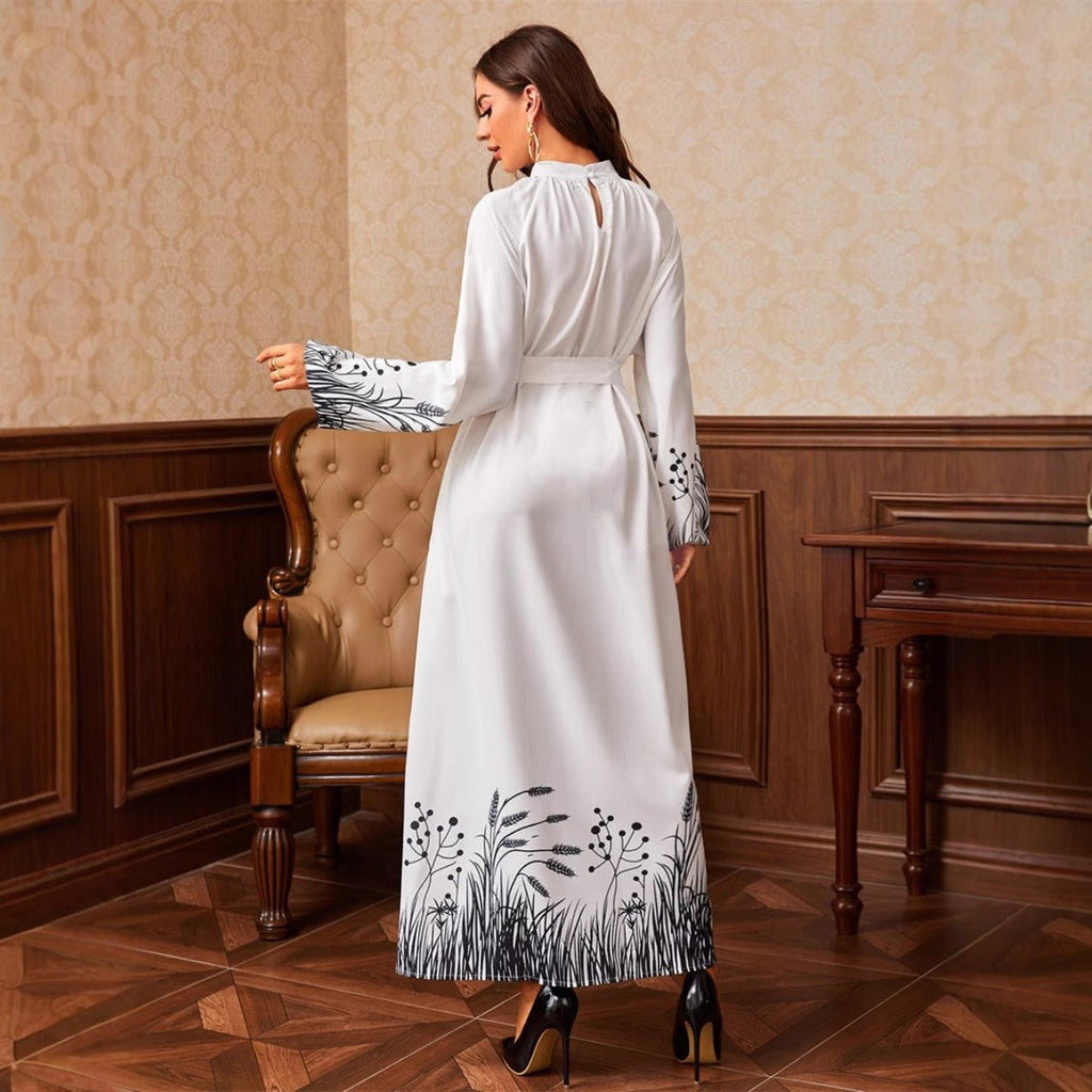Modest Elegant Botanical Print Maxi Dress | White Crew Neck Long Sleeve Dress(MA267)