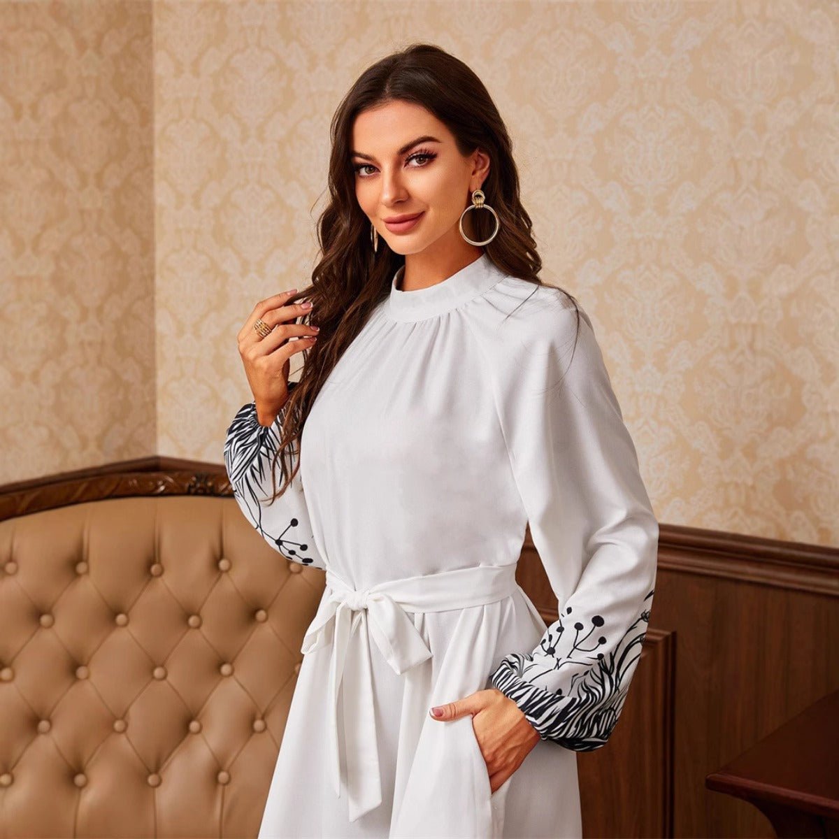 Modest Elegant Botanical Print Maxi Dress | White Crew Neck Long Sleeve Dress(MA267)