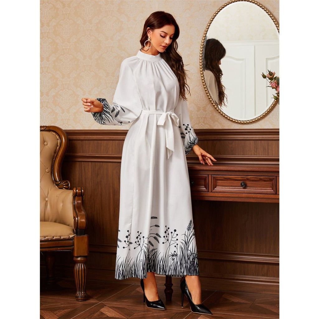 Modest Elegant Botanical Print Maxi Dress | White Crew Neck Long Sleeve Dress(MA267)