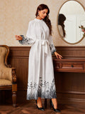 Modest Elegant Botanical Print Maxi Dress | White Crew Neck Long Sleeve Dress(MA267)