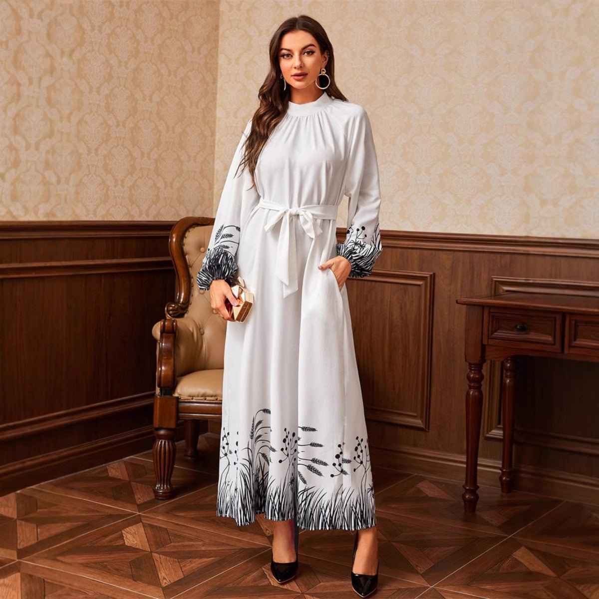 Modest Elegant Botanical Print Maxi Dress | White Crew Neck Long Sleeve Dress(MA267)