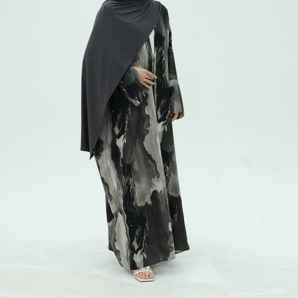 Modest Islamic Fashion Artistic Floral Geometric Designs Elegant Printed Cardigan Abaya (MOA154)