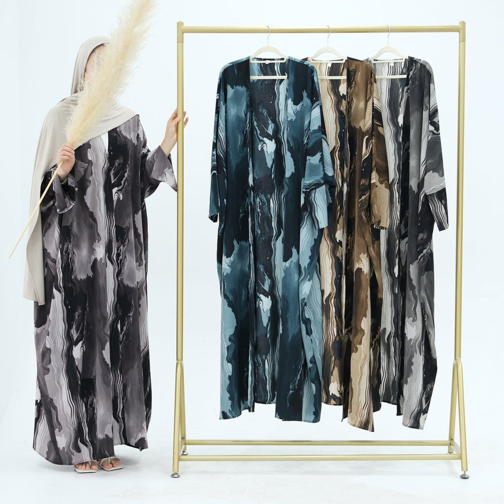 Modest Islamic Fashion Artistic Floral Geometric Designs Elegant Printed Cardigan Abaya (MOA154)