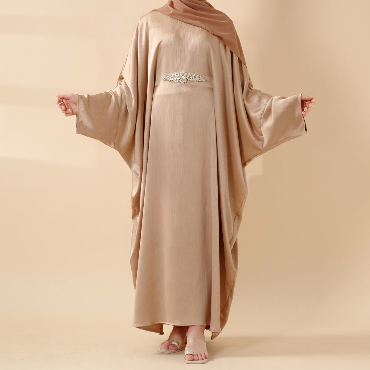 Modest Kaftan for Special Occasions: Batwing Abaya With Rhinestone Waist (MA135)