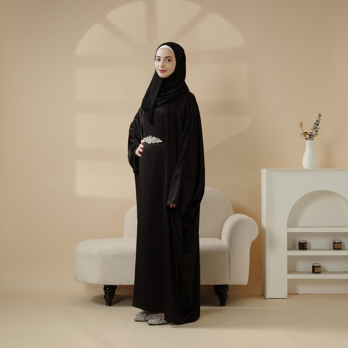 Modest Kaftan for Special Occasions: Batwing Abaya With Rhinestone Waist (MA135)