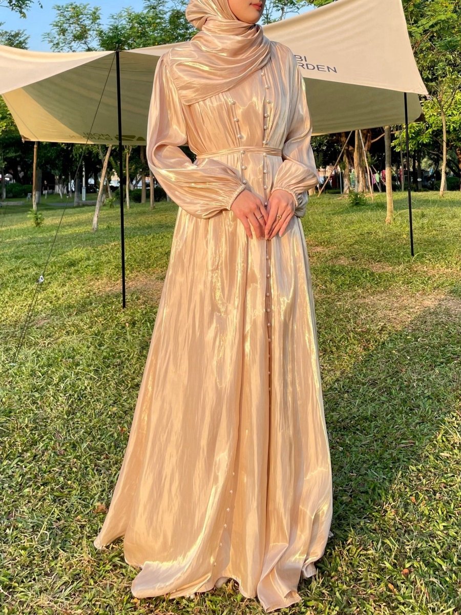 Modest Luxe Pearl-Embellished Streamer Evening Abaya Dress (MOA149)