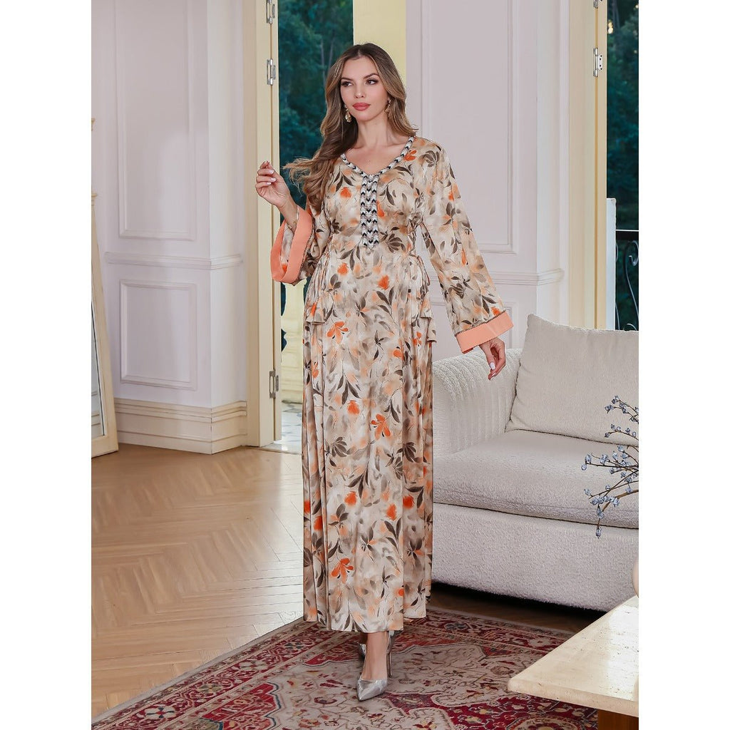 Modest Luxury Botanical Print Abaya | Cream & Orange Floral Robe Dress with Elegant Sleeve Details (MA260)