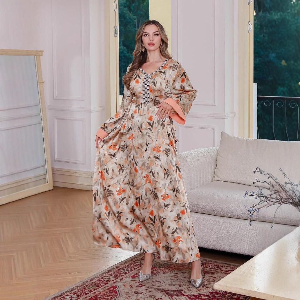 Modest Luxury Botanical Print Abaya | Cream & Orange Floral Robe Dress with Elegant Sleeve Details (MA260)