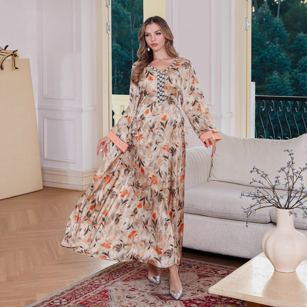 Modest Luxury Botanical Print Abaya | Cream & Orange Floral Robe Dress with Elegant Sleeve Details (MA260)