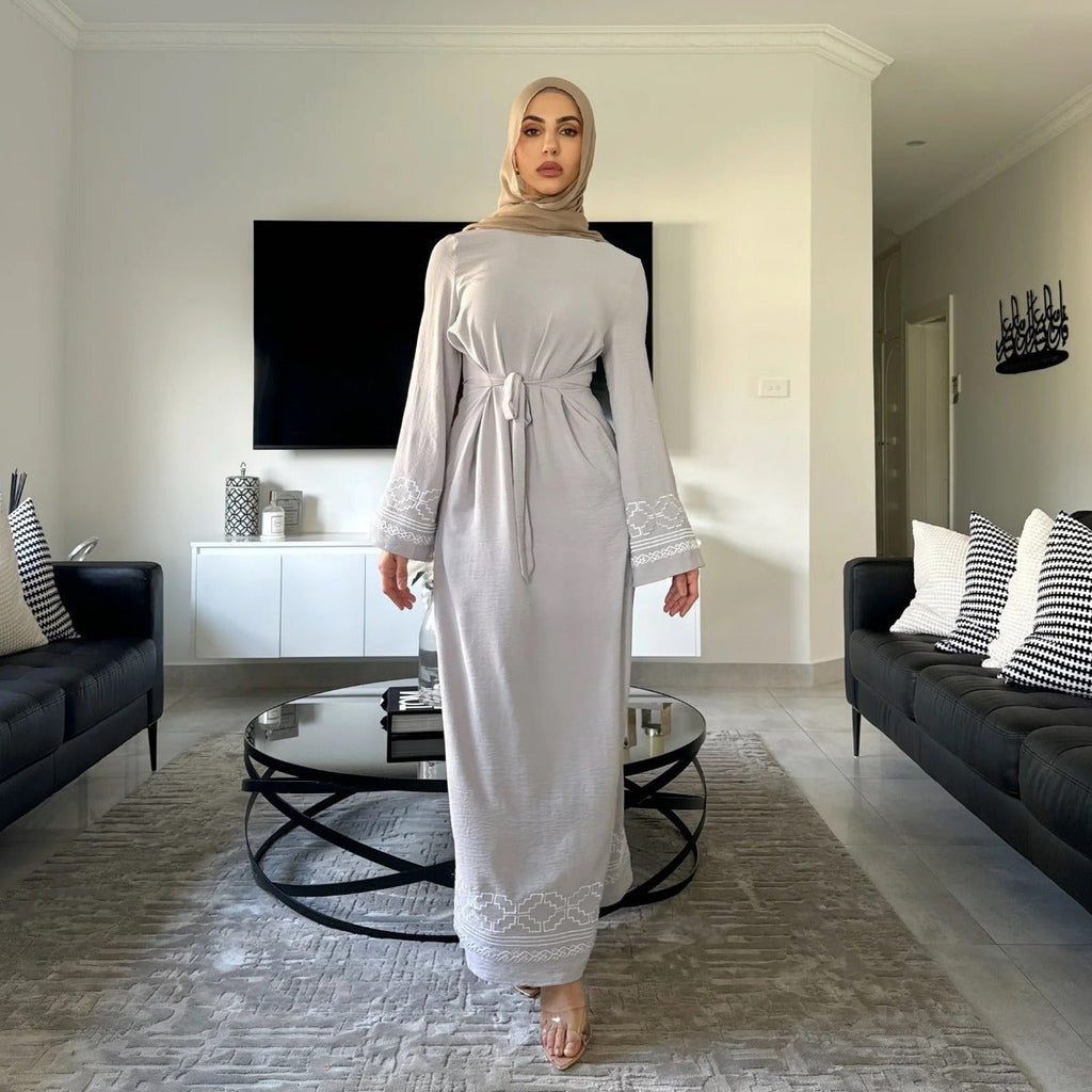 Modest Luxury Embroidered Flare Sleeve Abaya Collection | Muslim Dresses with White Geometric Embroidery (MA262)