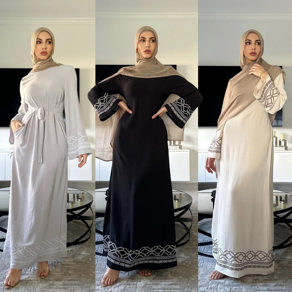 Modest Luxury Embroidered Flare Sleeve Abaya Collection | Muslim Dresses with White Geometric Embroidery (MA262)