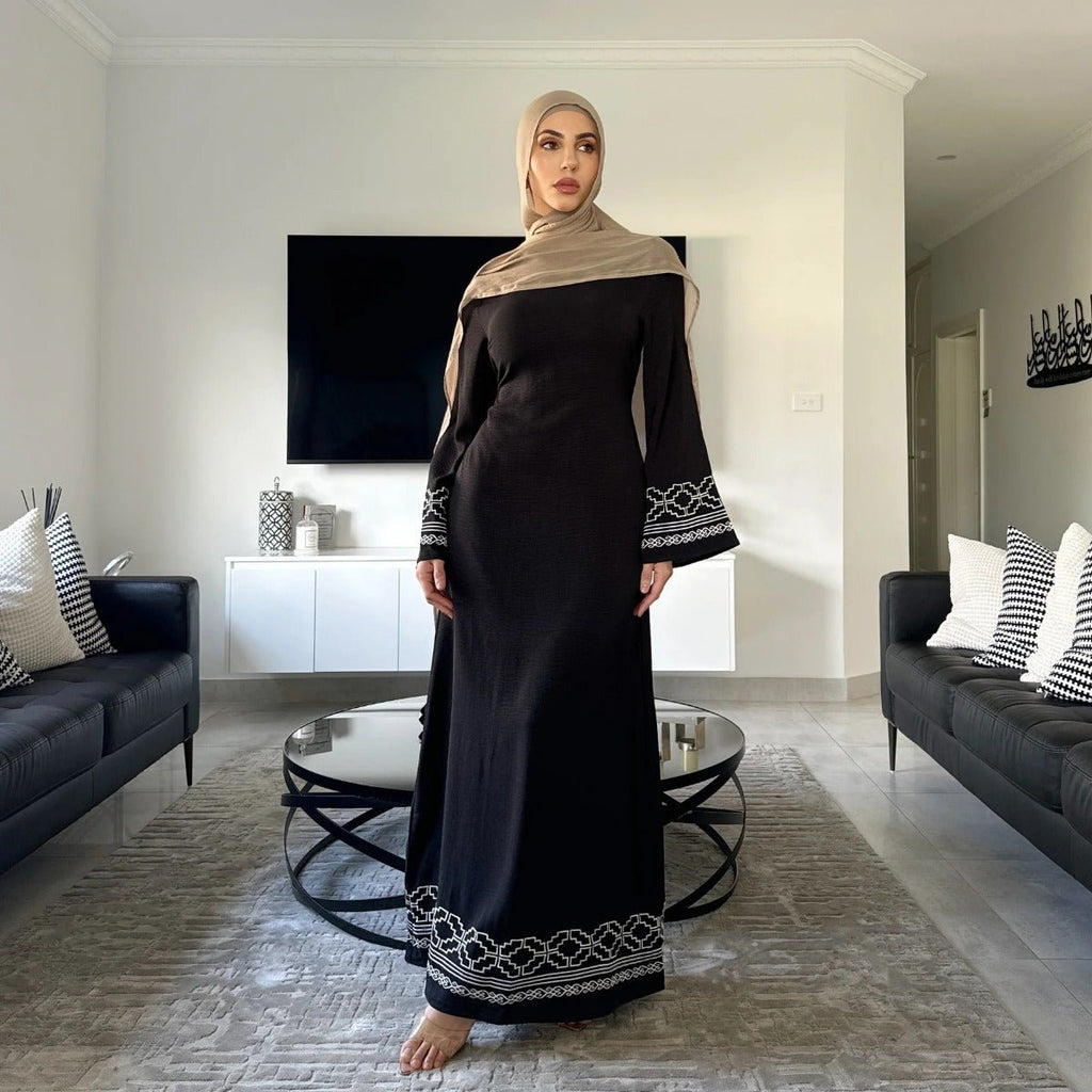 Modest Luxury Embroidered Flare Sleeve Abaya Collection | Muslim Dresses with White Geometric Embroidery (MA262)