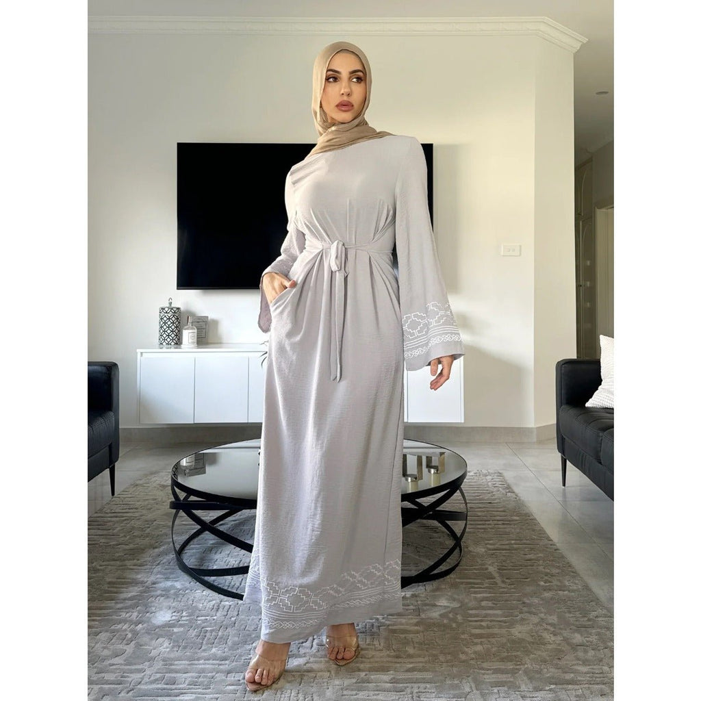 Modest Luxury Embroidered Flare Sleeve Abaya Collection | Muslim Dresses with White Geometric Embroidery (MA262)