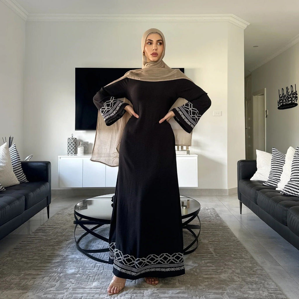 Modest Luxury Embroidered Flare Sleeve Abaya Collection | Muslim Dresses with White Geometric Embroidery (MA262)