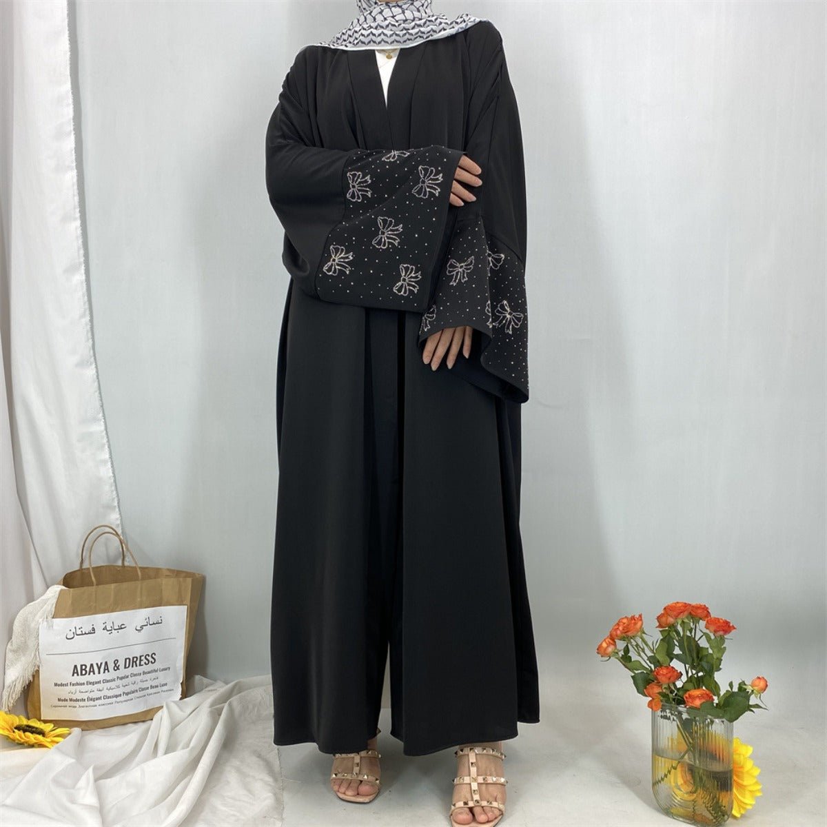 Modest Luxury Exquisite Transfer Diamond Printer Butterfly Sleeve Abaya (MOA206)